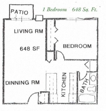 Floor plan for 1 bed, 1 bath, 648 sqft